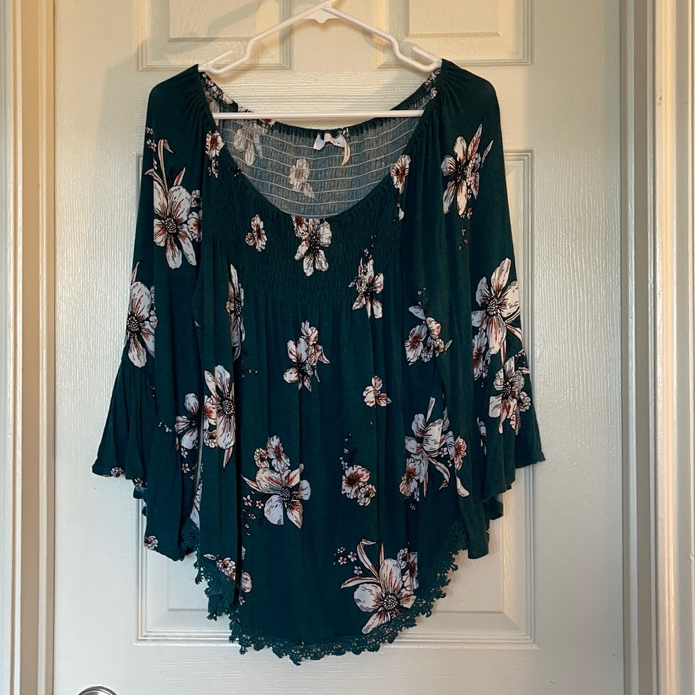 Teal Floral Bell Sleeve Top